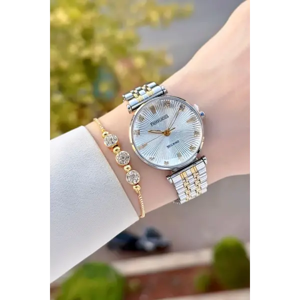 Gold Gümüş Renk Hediye Paketli Kadın Kol Saati ve Bileklik