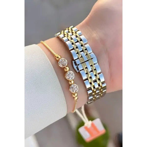 Gold Gümüş Renk Hediye Paketli Kadın Kol Saati ve Bileklik