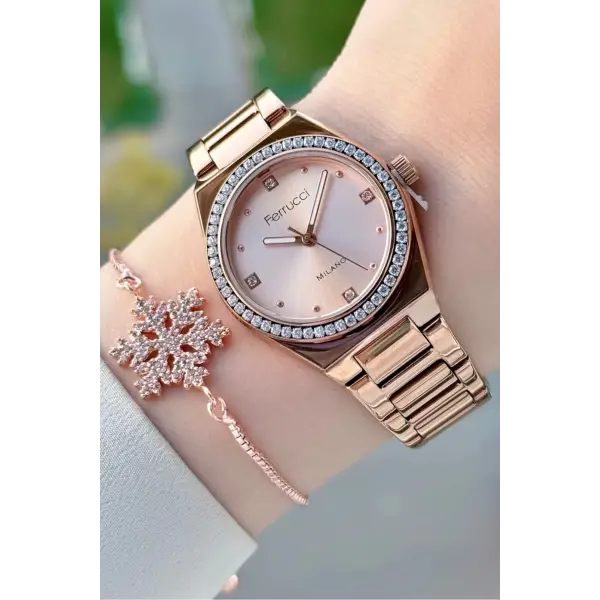 Rose Renk Kadın Kol Saati ve Bileklik
