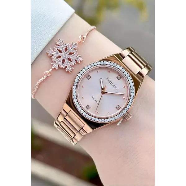 Rose Renk Kadın Kol Saati ve Bileklik