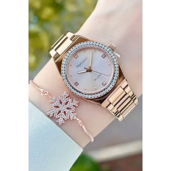 Rose Renk Kadın Kol Saati ve Bileklik