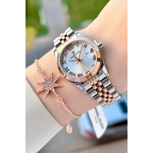 Rose Gümüş Renk Hediye Paketli Kadın Kol Saati + Bileklik