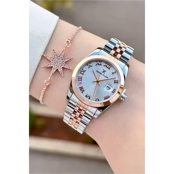 Rose Gümüş Renk Hediye Paketli Kadın Kol Saati + Bileklik