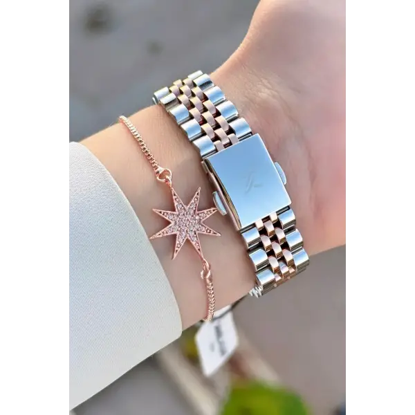 Rose Gümüş Renk Hediye Paketli Kadın Kol Saati + Bileklik