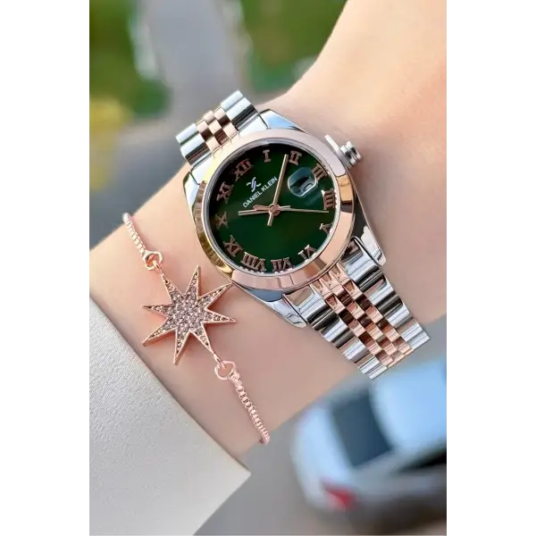 Kadranı Yeşil Kordonu Rose Gümüş Renk Hediye Paketli Kadın Kol Saati + Bileklik