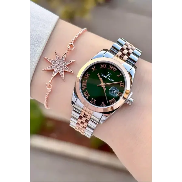 Kadranı Yeşil Kordonu Rose Gümüş Renk Hediye Paketli Kadın Kol Saati + Bileklik