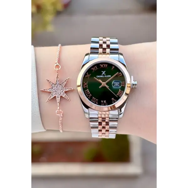 Kadranı Yeşil Kordonu Rose Gümüş Renk Hediye Paketli Kadın Kol Saati + Bileklik