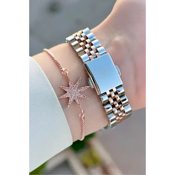 Kadranı Yeşil Kordonu Rose Gümüş Renk Hediye Paketli Kadın Kol Saati + Bileklik