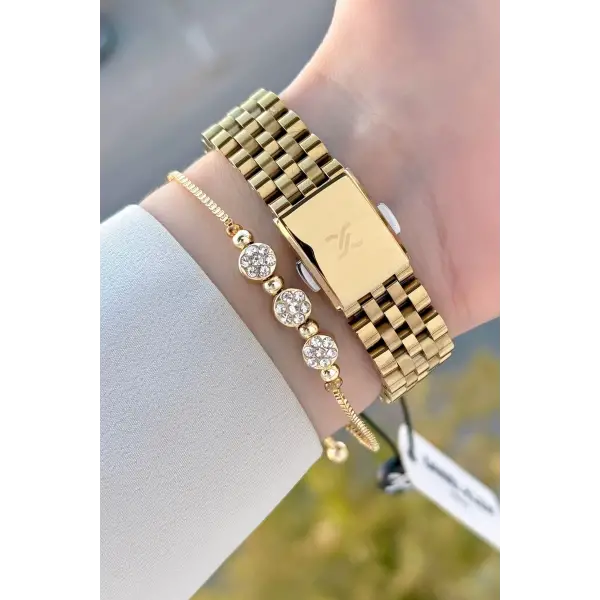 Gold Renk 30 Mm Kadın Kol Saati ve Bileklik