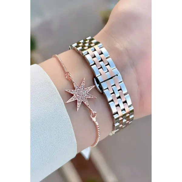 Rose Gümüş Renk 28 Mm Kadın Kol Saati ve Bileklik