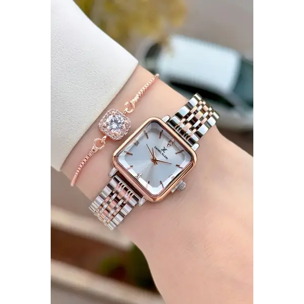 Rose Gümüş Renk 24 Mm Kadın Kol Saati ve Bileklik