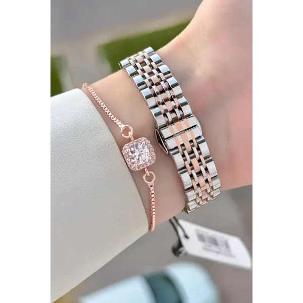 Rose Gümüş Renk 24 Mm Kadın Kol Saati ve Bileklik