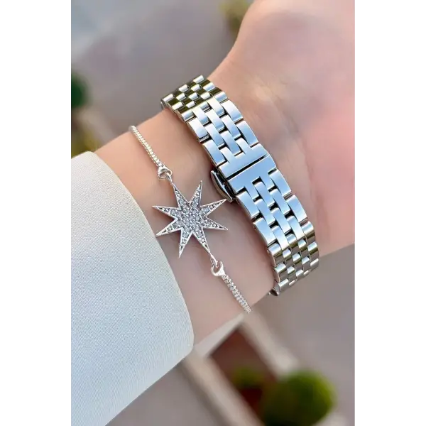 Gümüş Renk 28 Mm Kadın Kol Saati ve Bileklik