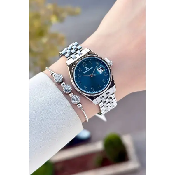 Kadranı Mavi Kordonu Rose Renk 30 Mm Kadın Kol Saati ve Bileklik