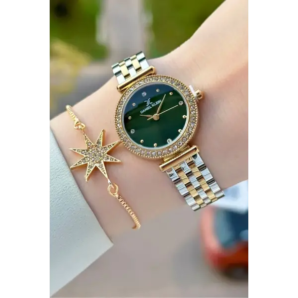 Kadranı Yeşil Kordonu Gold Gümüş Renk 28 Mm Kadın Kol Saati ve Bileklik