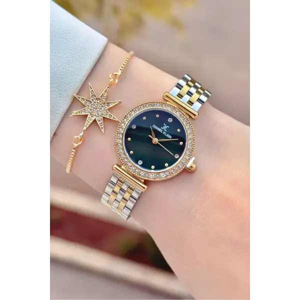 Kadranı Yeşil Kordonu Gold Gümüş Renk 28 Mm Kadın Kol Saati ve Bileklik