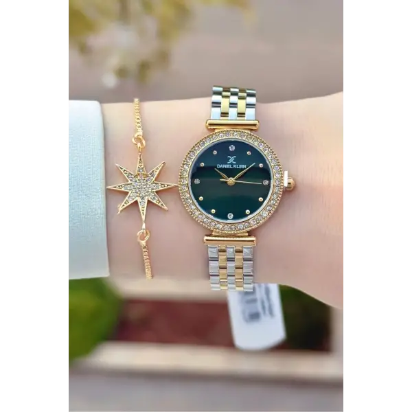 Kadranı Yeşil Kordonu Gold Gümüş Renk 28 Mm Kadın Kol Saati ve Bileklik