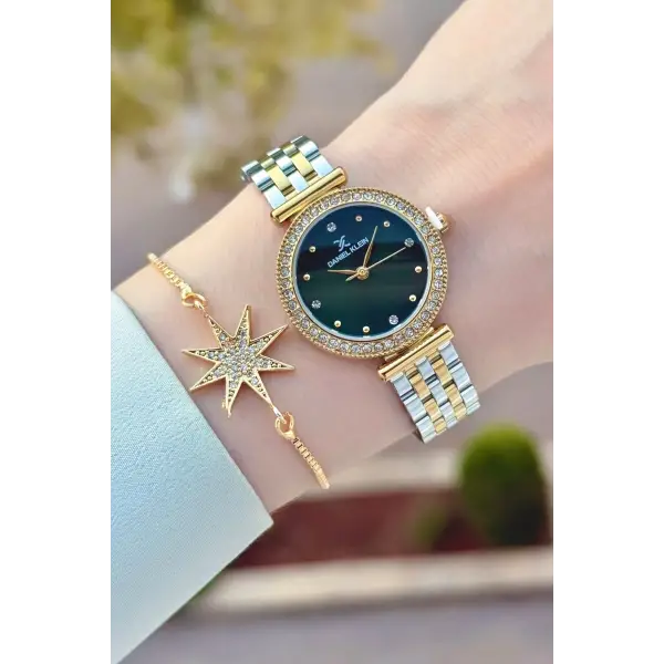 Kadranı Yeşil Kordonu Gold Gümüş Renk 28 Mm Kadın Kol Saati ve Bileklik