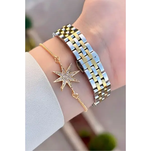 Kadranı Yeşil Kordonu Gold Gümüş Renk 28 Mm Kadın Kol Saati ve Bileklik