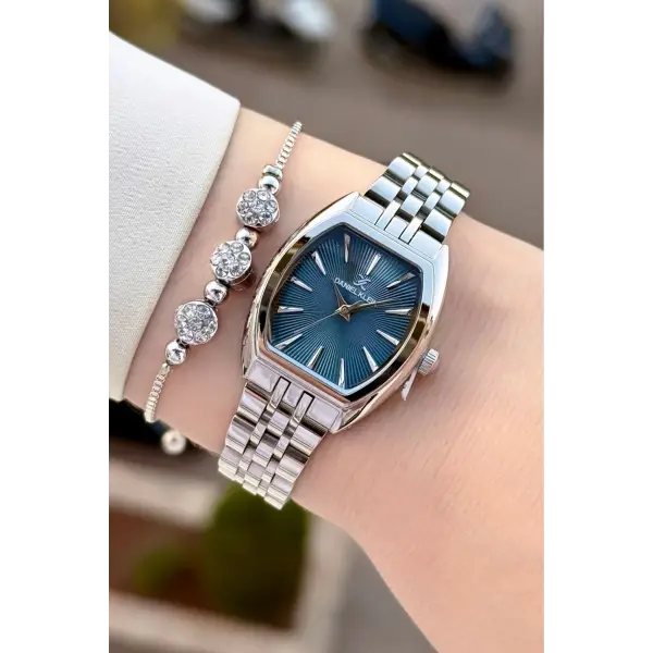 Kadranı Mavi Kordonu Gold Renk Kadın Kol Saati ve Bileklik