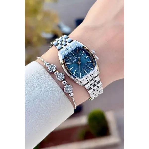 Kadranı Mavi Kordonu Gold Renk Kadın Kol Saati ve Bileklik