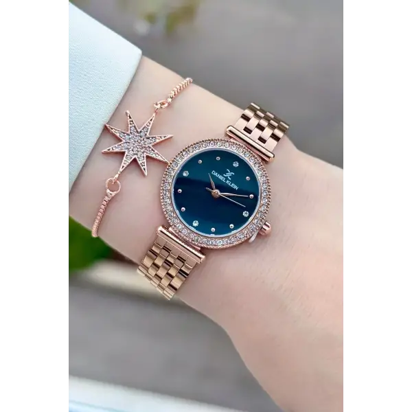 Kadranı Mavi Kordonu Rose Renk 28 Mm Kadın Kol Saati ve Bileklik