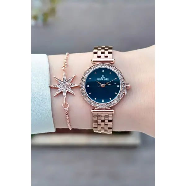 Kadranı Mavi Kordonu Rose Renk 28 Mm Kadın Kol Saati ve Bileklik