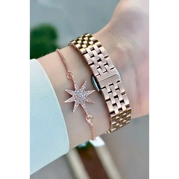 Kadranı Mavi Kordonu Rose Renk 28 Mm Kadın Kol Saati ve Bileklik