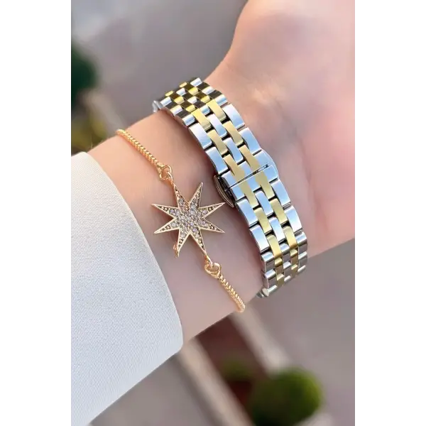 Gold Gümüş Renk 28 Mm Kadın Kol Saati ve Bileklik