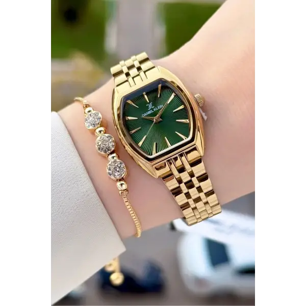 Kadranı Yeşil Kordonu Gold Renk Kadın Kol Saati ve Bileklik