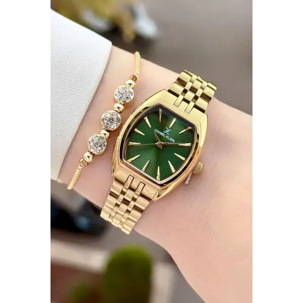 Kadranı Yeşil Kordonu Gold Renk Kadın Kol Saati ve Bileklik