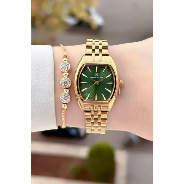 Kadranı Yeşil Kordonu Gold Renk Kadın Kol Saati ve Bileklik