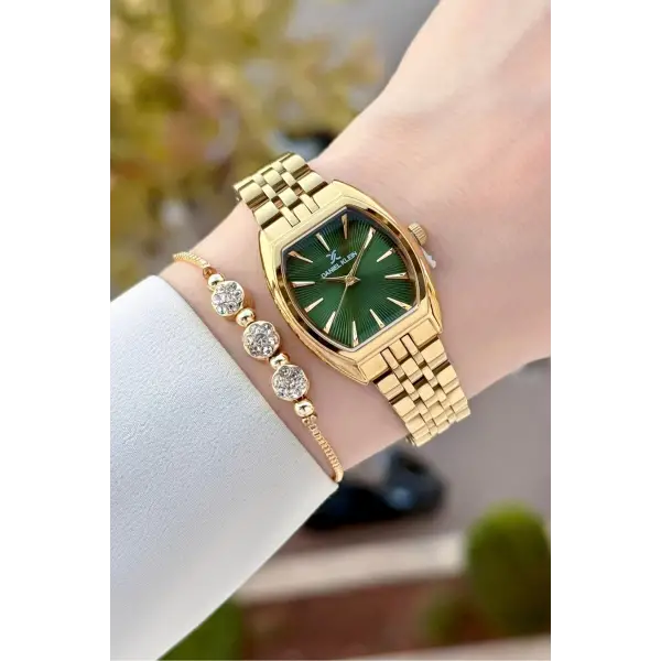 Kadranı Yeşil Kordonu Gold Renk Kadın Kol Saati ve Bileklik