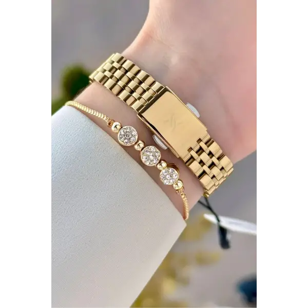 Kadranı Yeşil Kordonu Gold Renk Kadın Kol Saati ve Bileklik