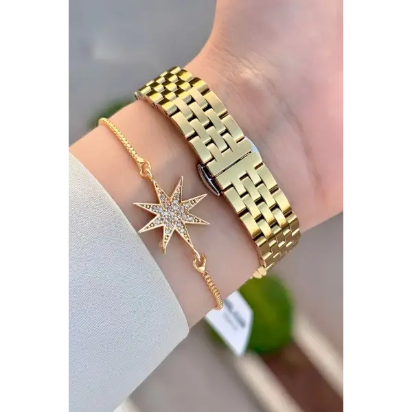 Gold Renk 28 Mm Kadın Kol Saati ve Bileklik