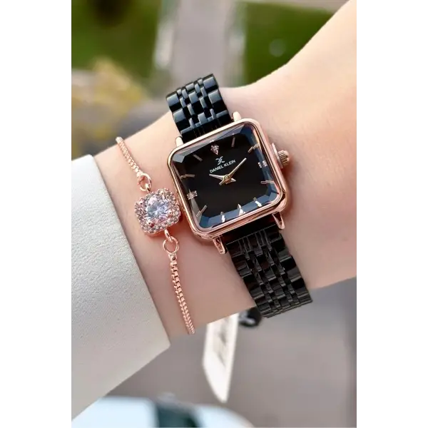 Kasası Rose Kordonu Siyah Renk 24 Mm Kadın Kol Saati ve Bileklik