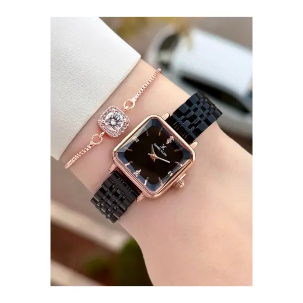 Kasası Rose Kordonu Siyah Renk 24 Mm Kadın Kol Saati ve Bileklik