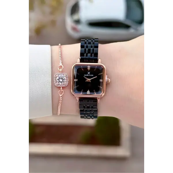 Kasası Rose Kordonu Siyah Renk 24 Mm Kadın Kol Saati ve Bileklik