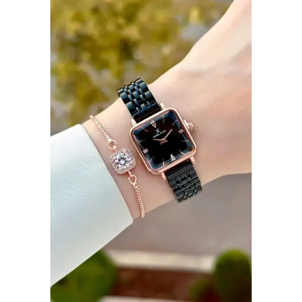 Kasası Rose Kordonu Siyah Renk 24 Mm Kadın Kol Saati ve Bileklik