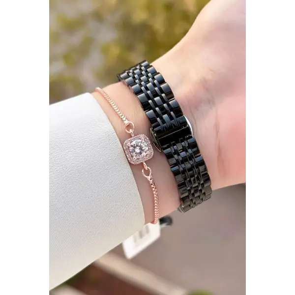 Kasası Rose Kordonu Siyah Renk 24 Mm Kadın Kol Saati ve Bileklik