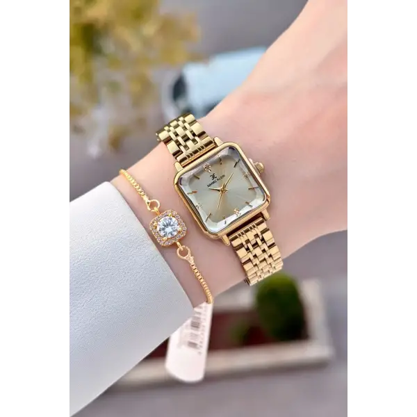 Kasası ve Kadranı Gold Renk 24 Mm Kadın Kol Saati ve Bileklik
