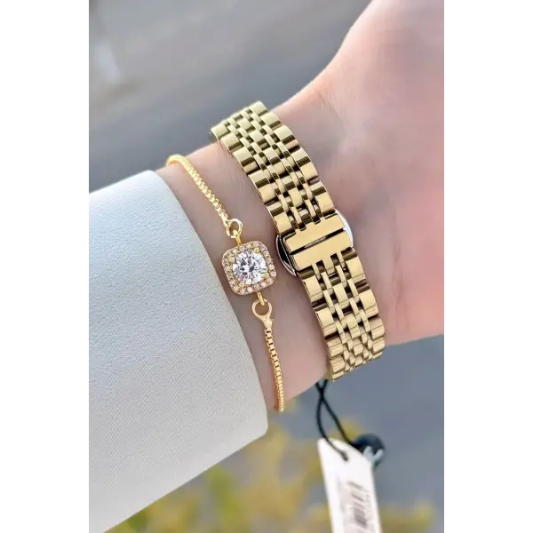Kasası ve Kadranı Gold Renk 24 Mm Kadın Kol Saati ve Bileklik