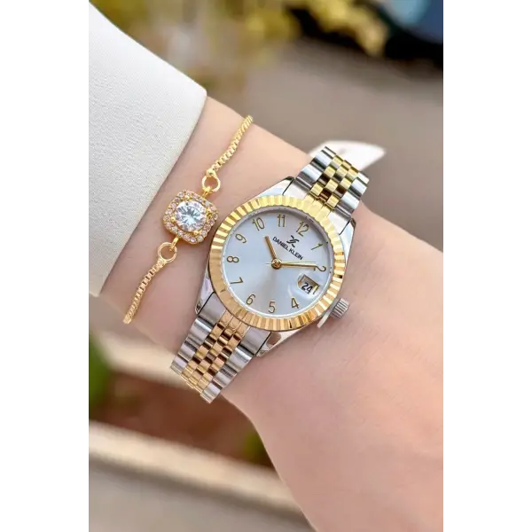 Gold Gümüş Renk 28 Mm Kadın Kol Saati ve Bileklik