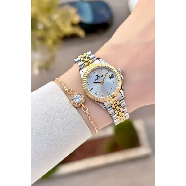 Gold Gümüş Renk 28 Mm Kadın Kol Saati ve Bileklik