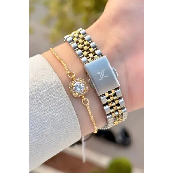 Gold Gümüş Renk 28 Mm Kadın Kol Saati ve Bileklik
