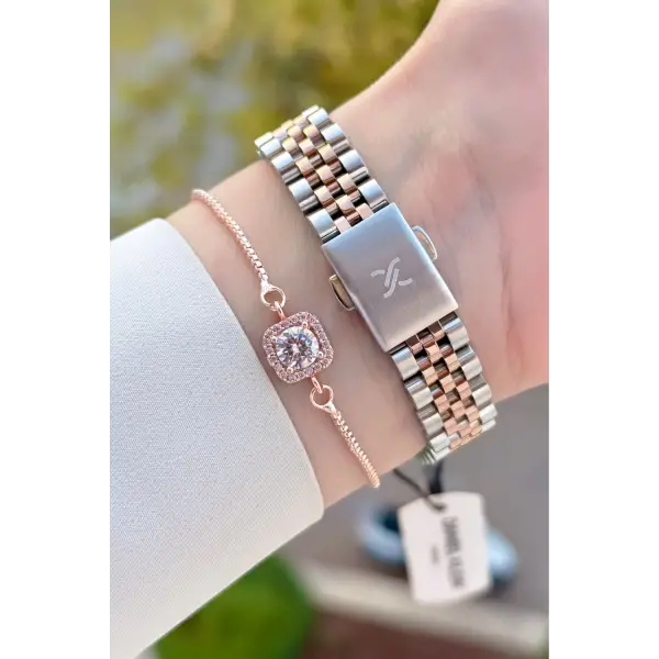 Rose Gümüş Renk 28 Mm Kadın Kol Saati ve Bileklik