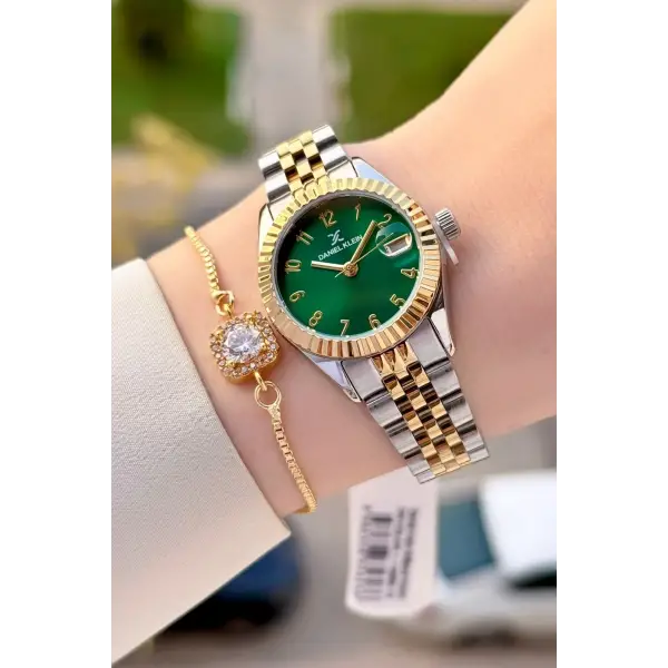 Kadranı Yeşil Kordonu Gold Gümüş Renk 28 Mm Kadın Kol Saati ve Bileklik