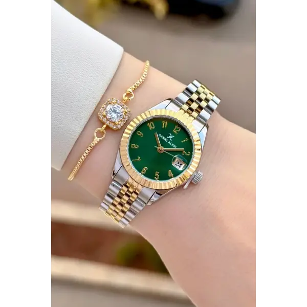 Kadranı Yeşil Kordonu Gold Gümüş Renk 28 Mm Kadın Kol Saati ve Bileklik