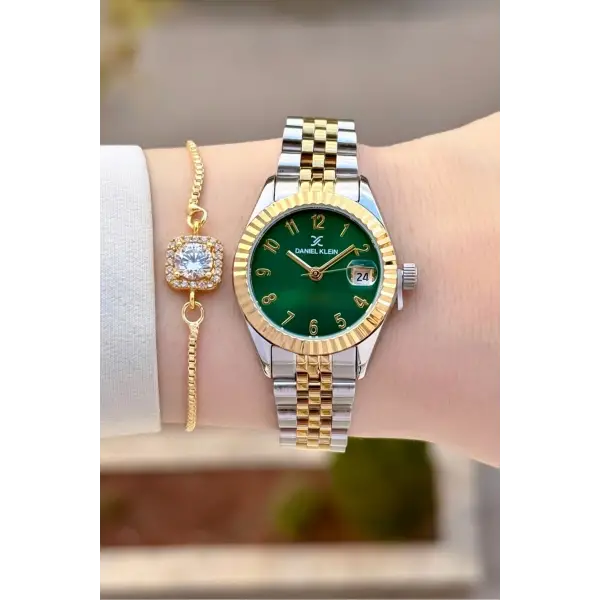 Kadranı Yeşil Kordonu Gold Gümüş Renk 28 Mm Kadın Kol Saati ve Bileklik