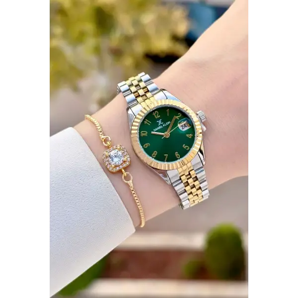 Kadranı Yeşil Kordonu Gold Gümüş Renk 28 Mm Kadın Kol Saati ve Bileklik